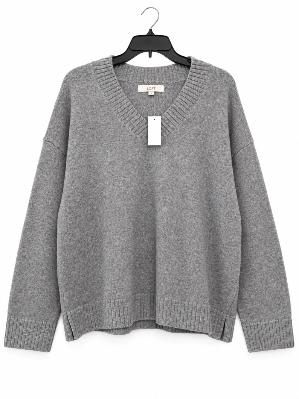 LOFT Light Gray V-Neck Oversized Knit Sweater